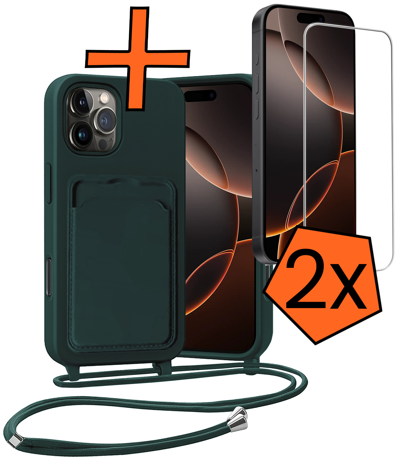 Nomfy Nomfy iPhone 16 Pro Hoesje Pashouder met Koord Met 2x Screenprotector - Donkergroen