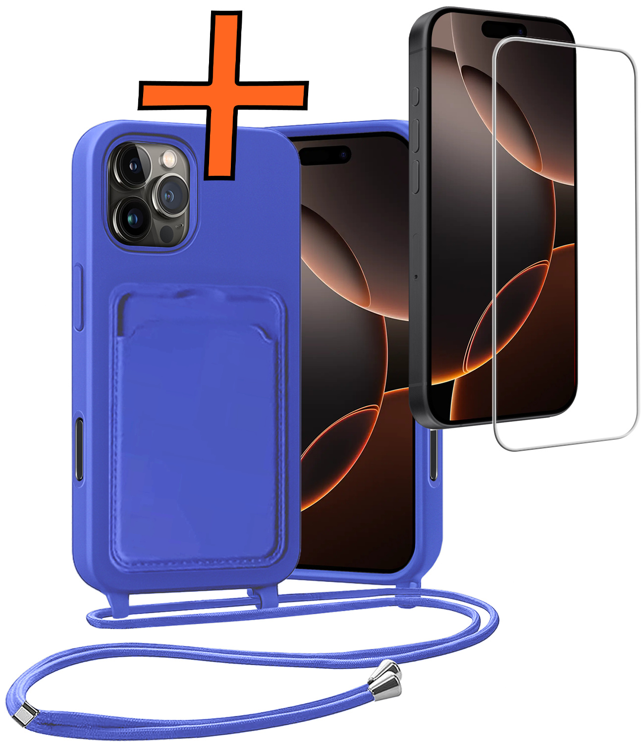 Nomfy Nomfy iPhone 16 Pro Hoesje Pashouder met Koord Met Screenprotector - Fel Blauw