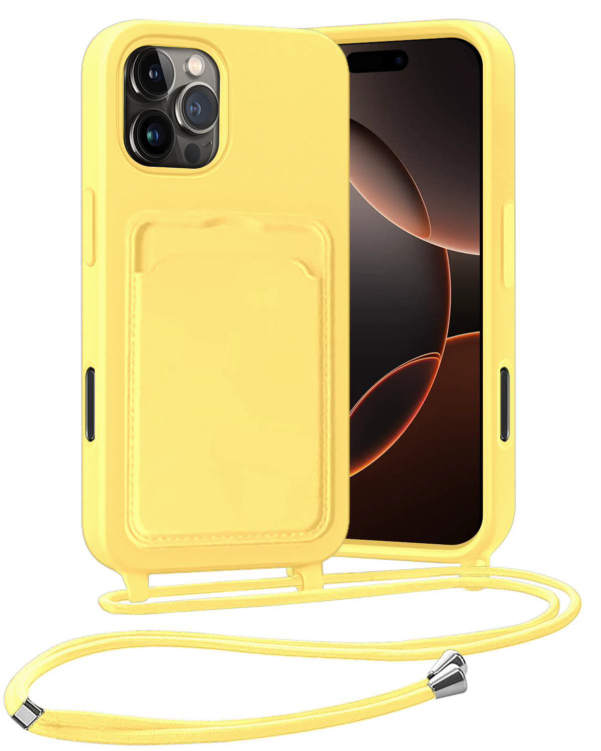 Nomfy Nomfy iPhone 16 Pro Hoesje Pashouder met Koord - Geel