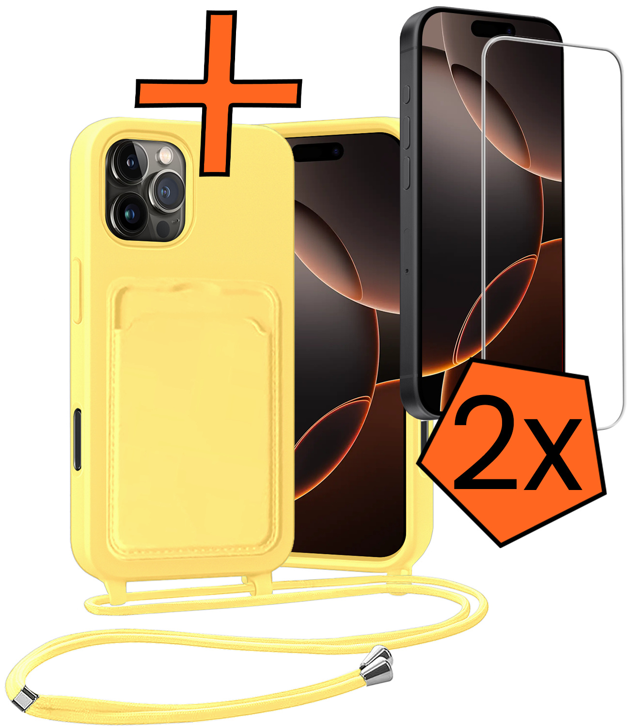 Nomfy Nomfy iPhone 16 Pro Hoesje Pashouder met Koord Met 2x Screenprotector - Geel