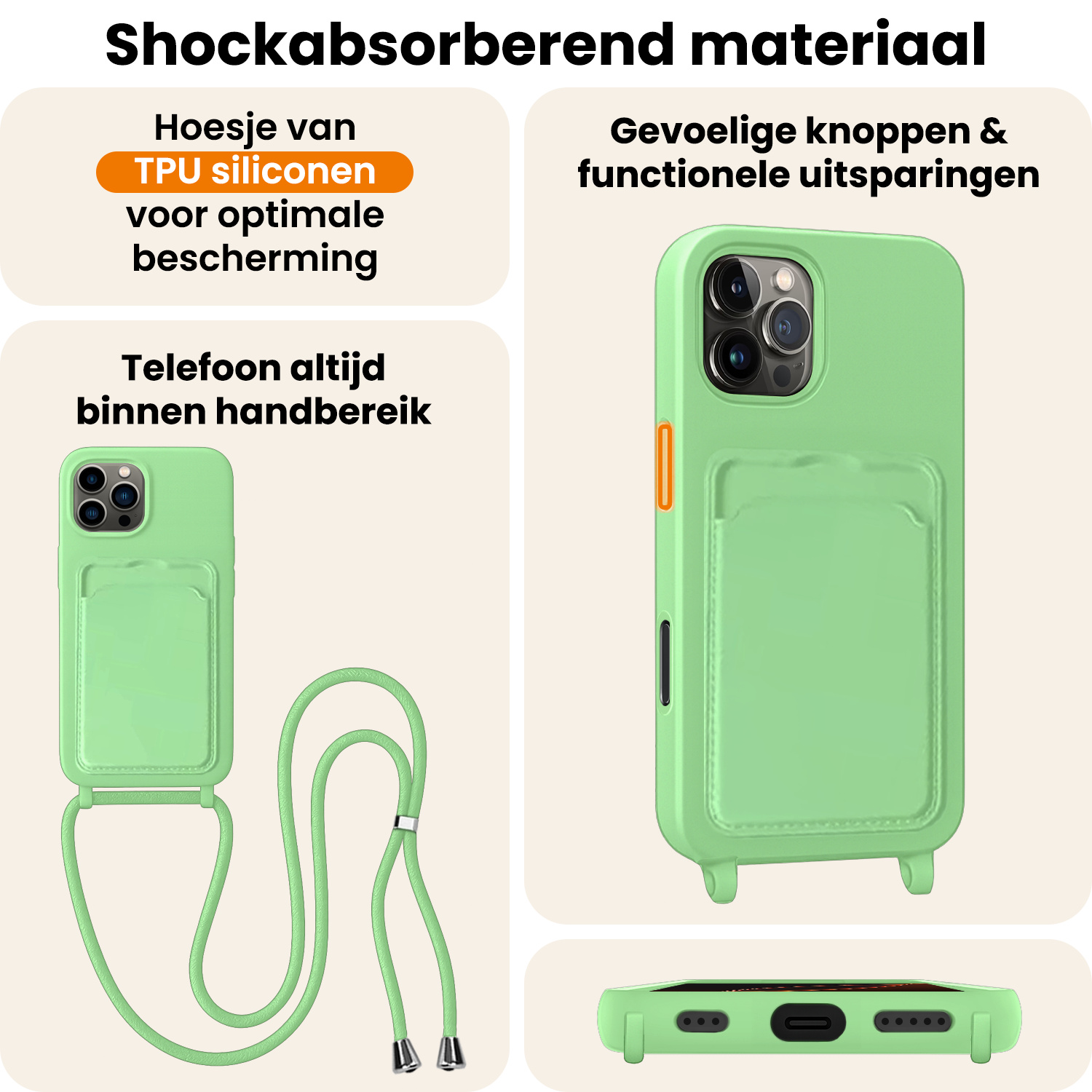 Nomfy Nomfy iPhone 16 Pro Hoesje Pashouder met Koord Met Screenprotector - Groen