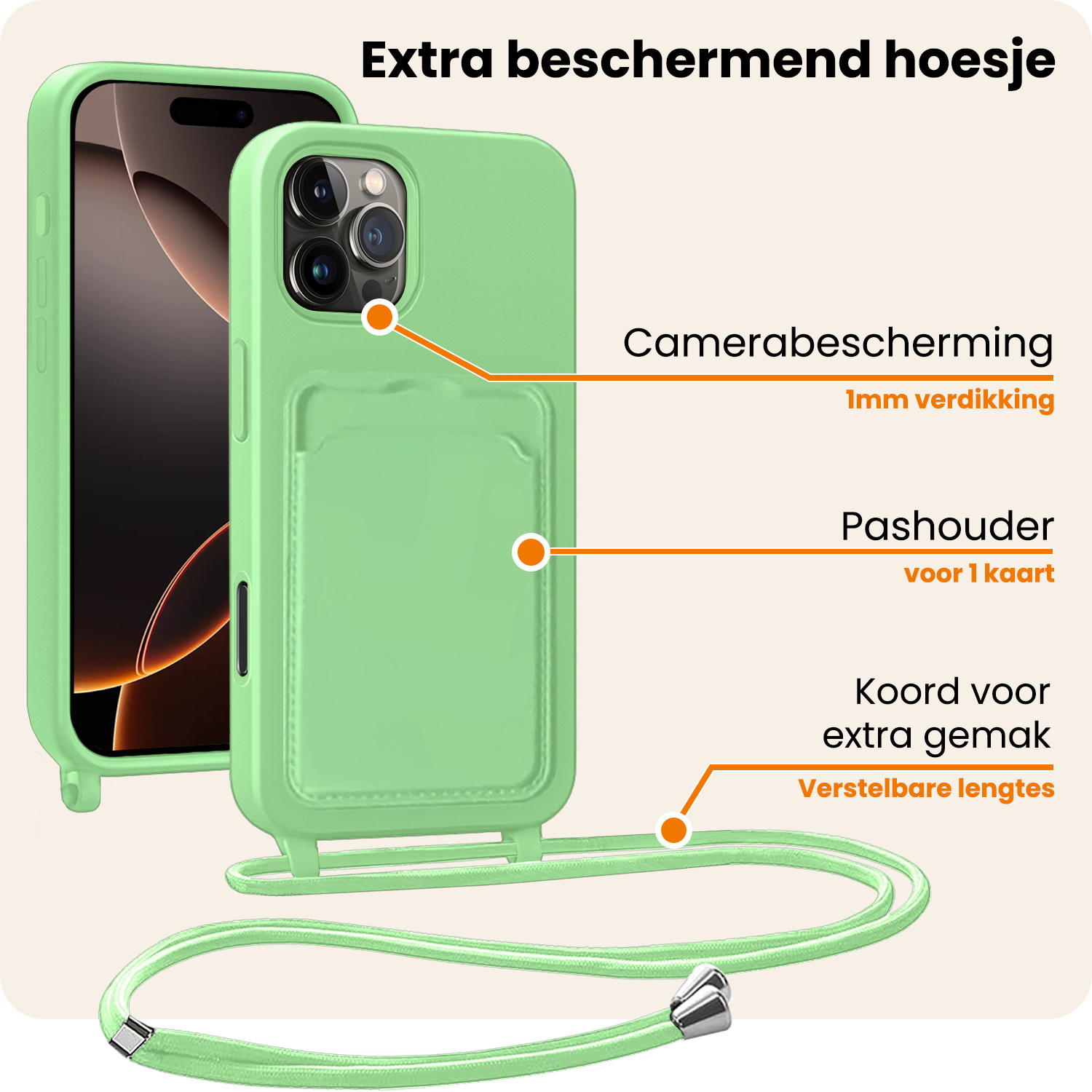 Nomfy Nomfy iPhone 16 Pro Hoesje Pashouder met Koord Met 2x Screenprotector - Groen