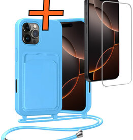 Nomfy Nomfy iPhone 16 Pro Hoesje Pashouder met Koord Met Screenprotector - Lichtblauw