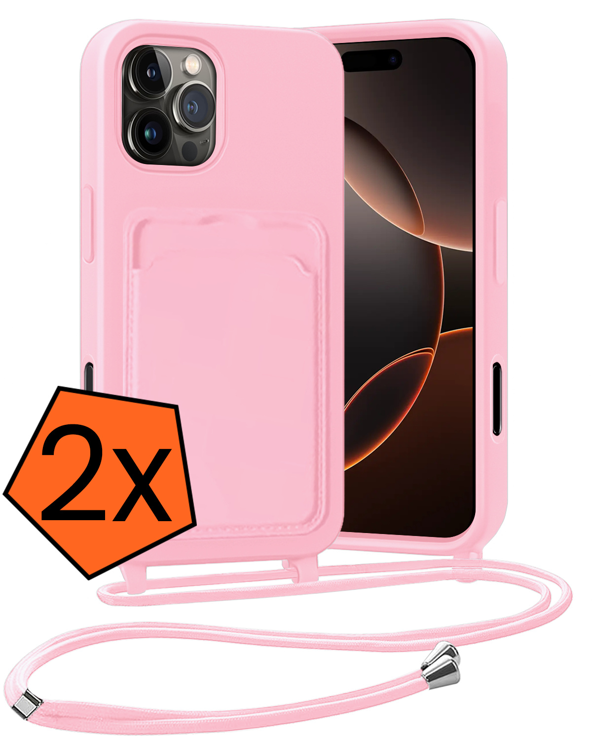 Nomfy Nomfy iPhone 16 Pro Hoesje Pashouder met Koord - Lichtroze - 2 PACK