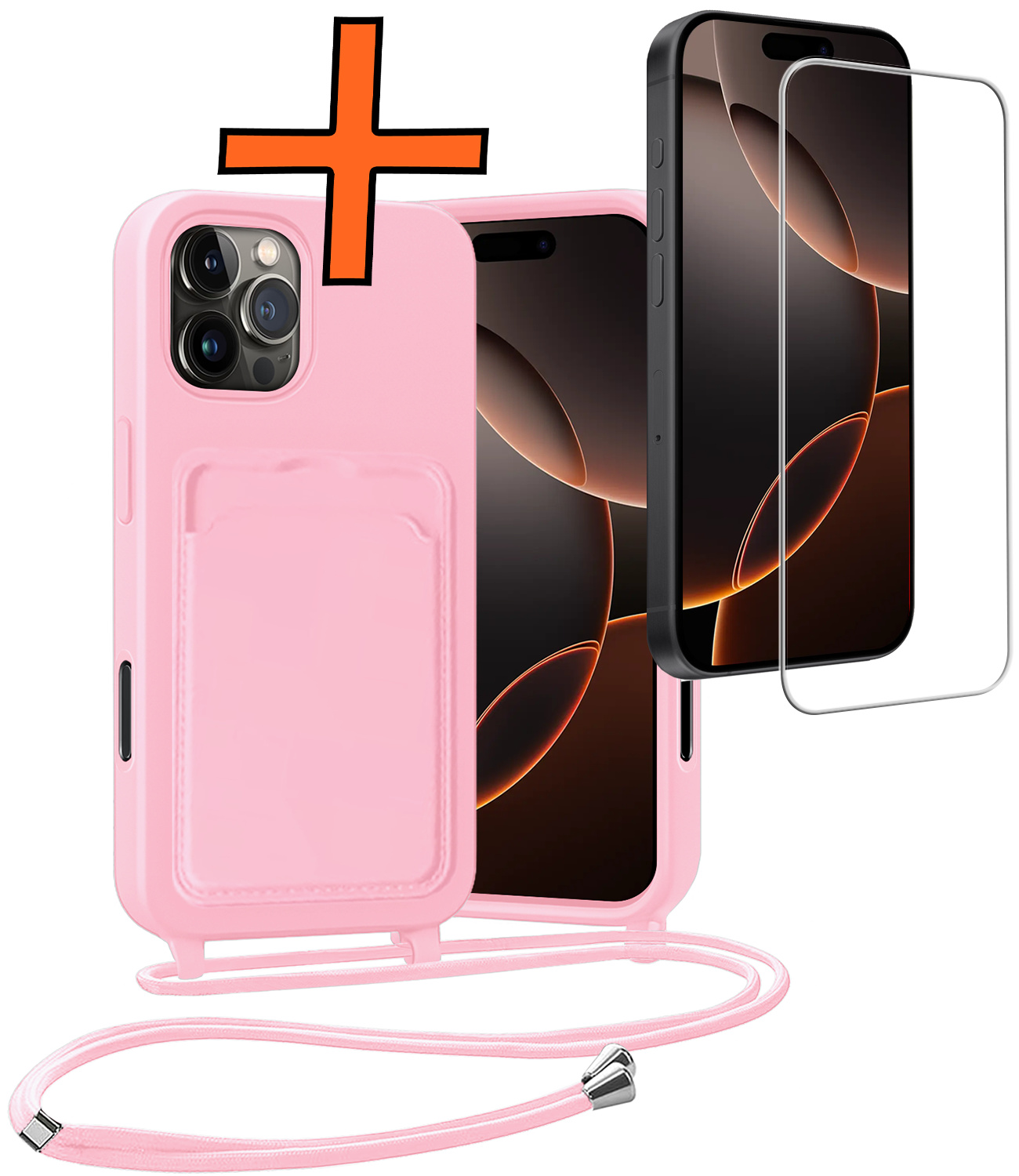 Nomfy Nomfy iPhone 16 Pro Hoesje Pashouder met Koord Met Screenprotector - Lichtroze
