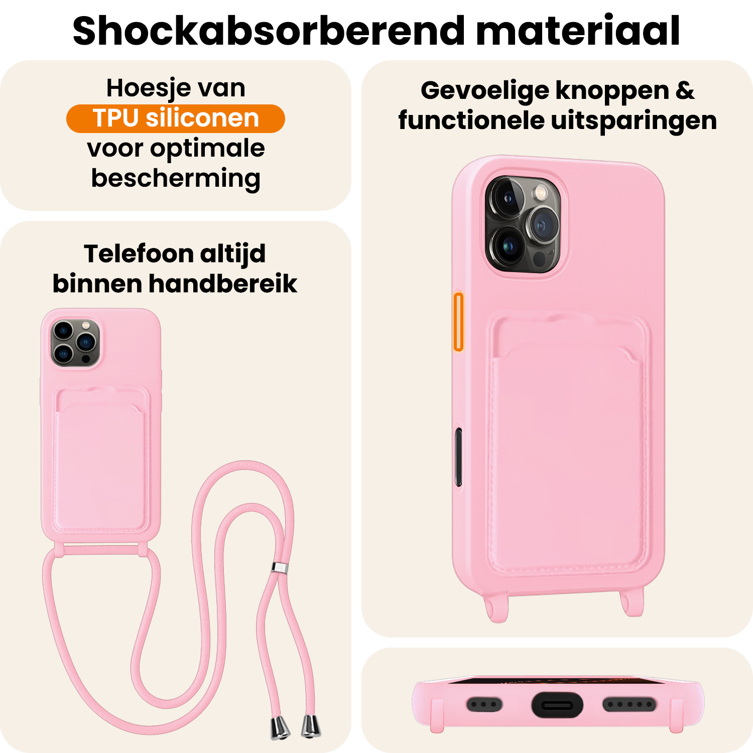 Nomfy Nomfy iPhone 16 Pro Hoesje Pashouder met Koord Met Screenprotector - Lichtroze