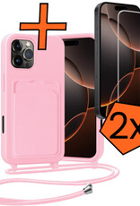 Nomfy Nomfy iPhone 16 Pro Hoesje Pashouder met Koord Met 2x Screenprotector - Lichtroze