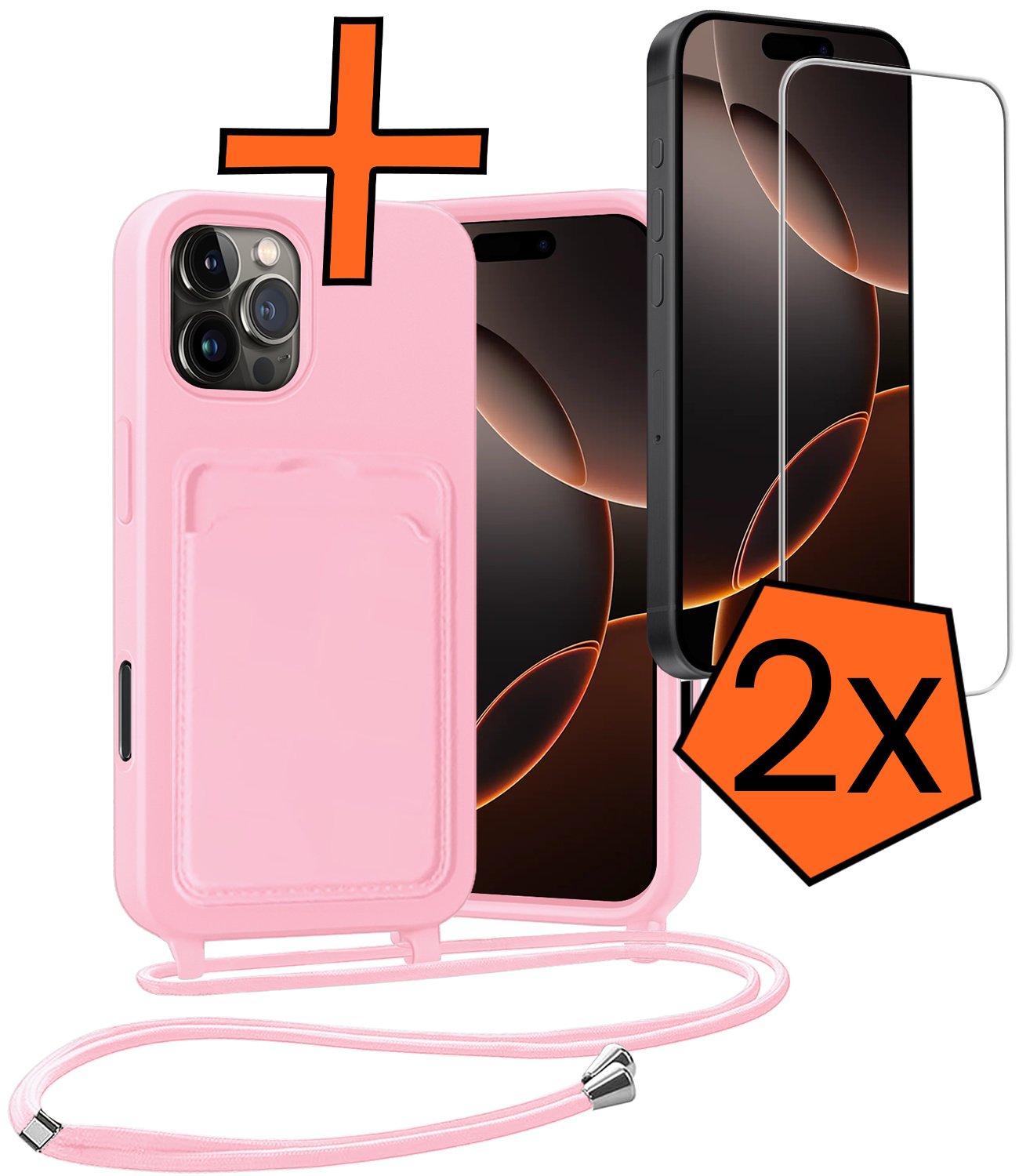 Nomfy Nomfy iPhone 16 Pro Hoesje Pashouder met Koord Met 2x Screenprotector - Lichtroze