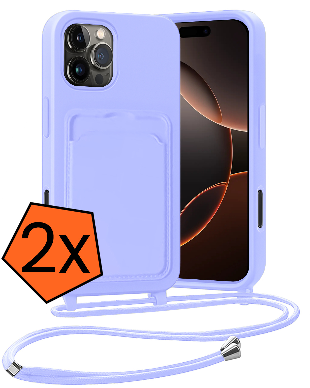 Nomfy Nomfy iPhone 16 Pro Hoesje Pashouder met Koord - Lila - 2 PACK