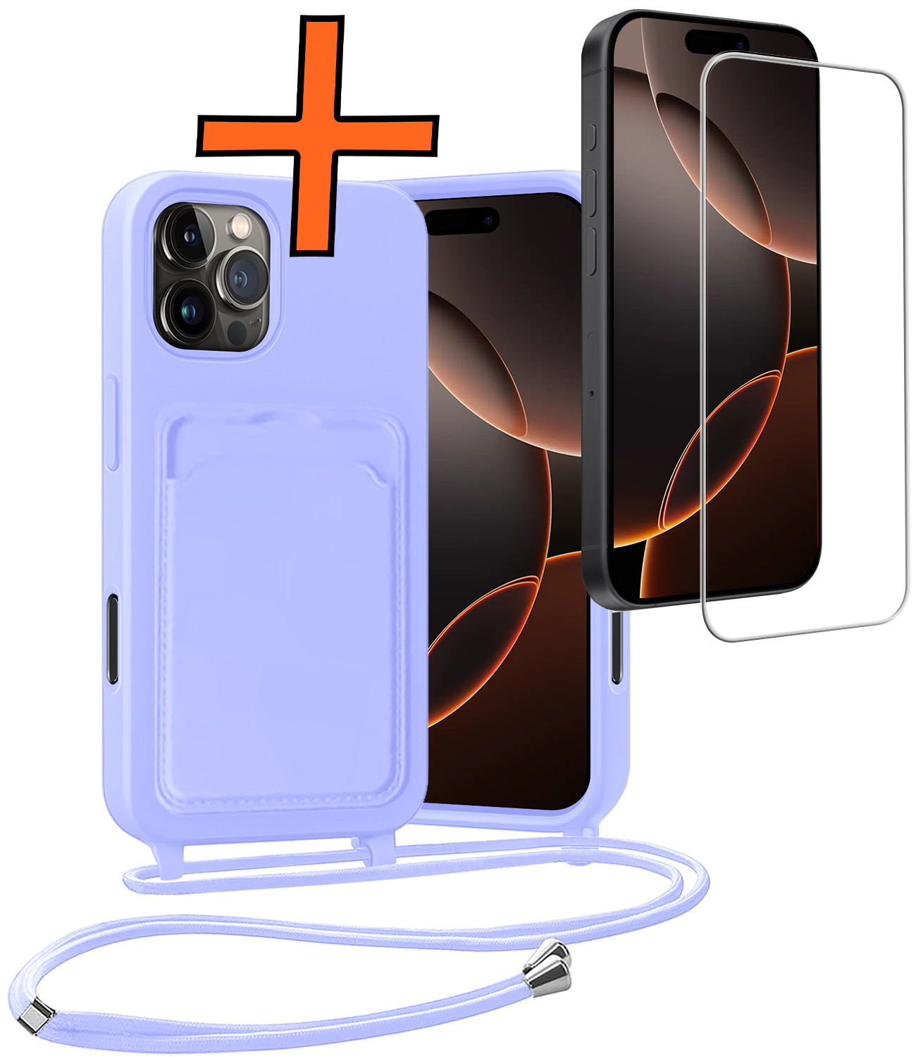 Nomfy Nomfy iPhone 16 Pro Hoesje Pashouder met Koord Met Screenprotector - Lila