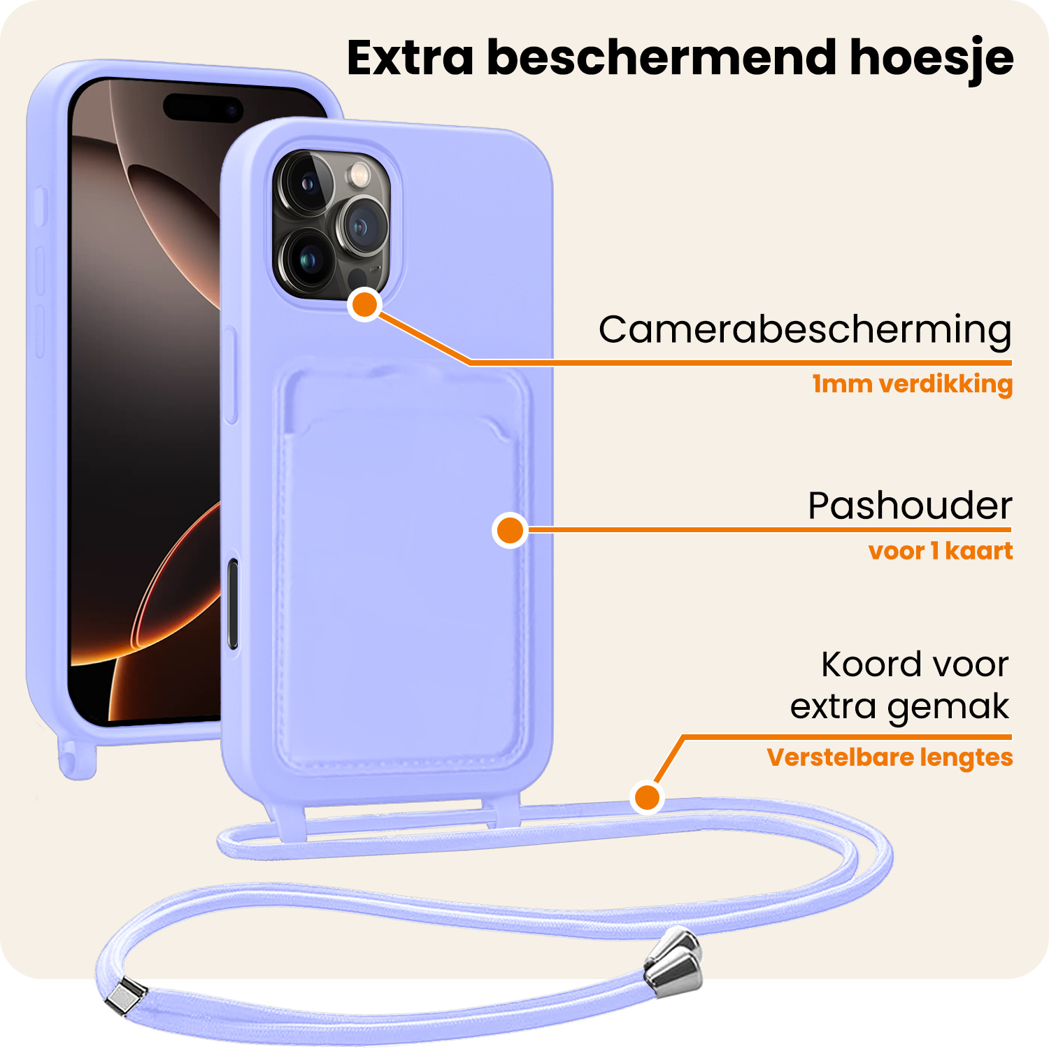 Nomfy Nomfy iPhone 16 Pro Hoesje Pashouder met Koord Met 2x Screenprotector - Lila