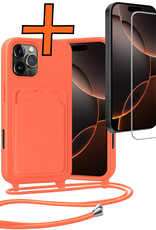 Nomfy Nomfy iPhone 16 Pro Hoesje Pashouder met Koord Met Screenprotector - Papaya