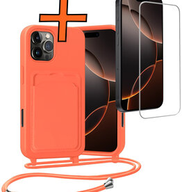 Nomfy Nomfy iPhone 16 Pro Hoesje Pashouder met Koord Met Screenprotector - Papaya
