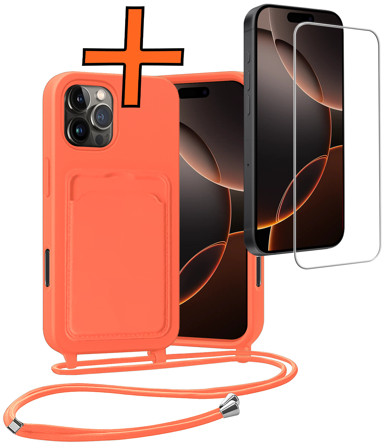 Nomfy Nomfy iPhone 16 Pro Hoesje Pashouder met Koord Met Screenprotector - Papaya