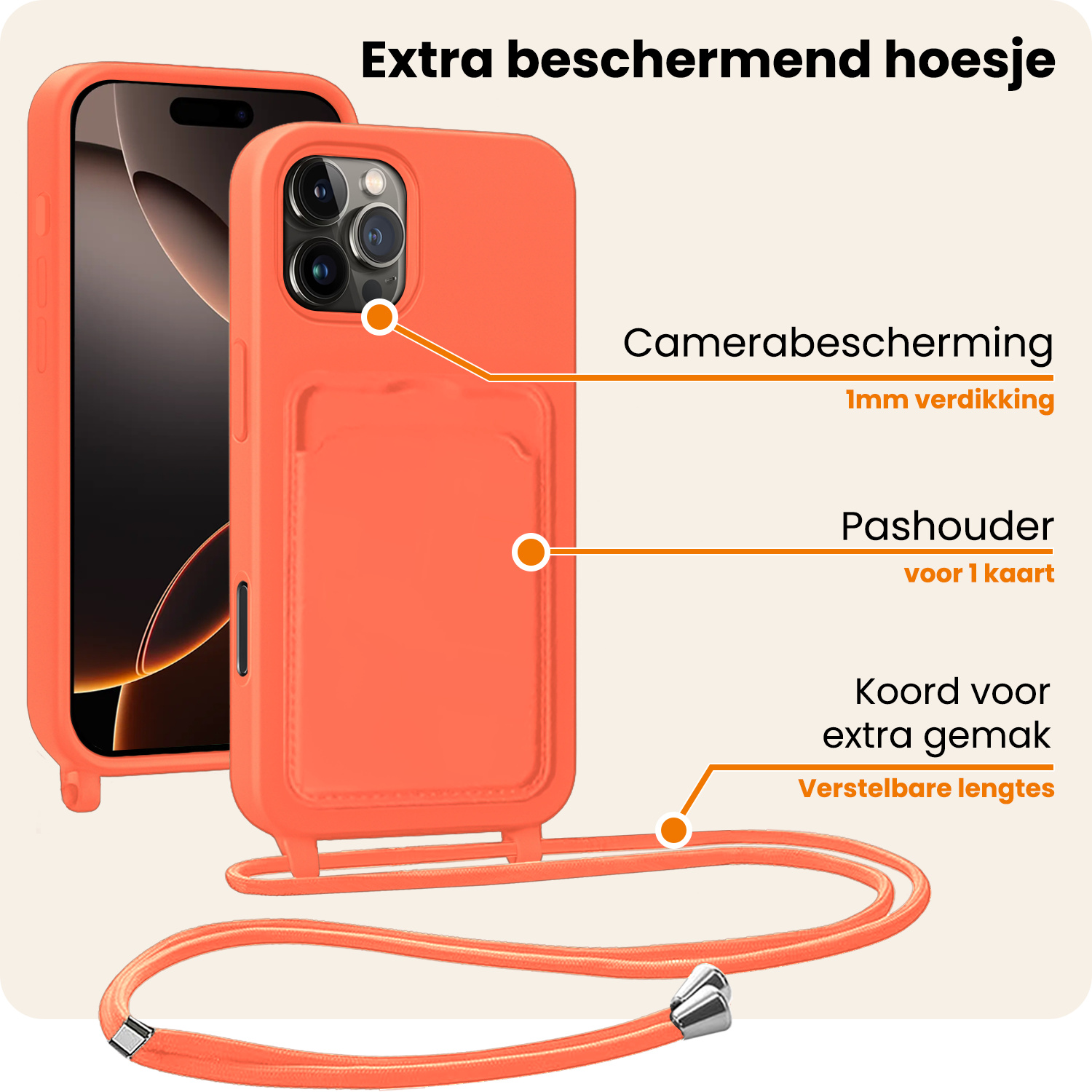 Nomfy Nomfy iPhone 16 Pro Hoesje Pashouder met Koord Met Screenprotector - Papaya