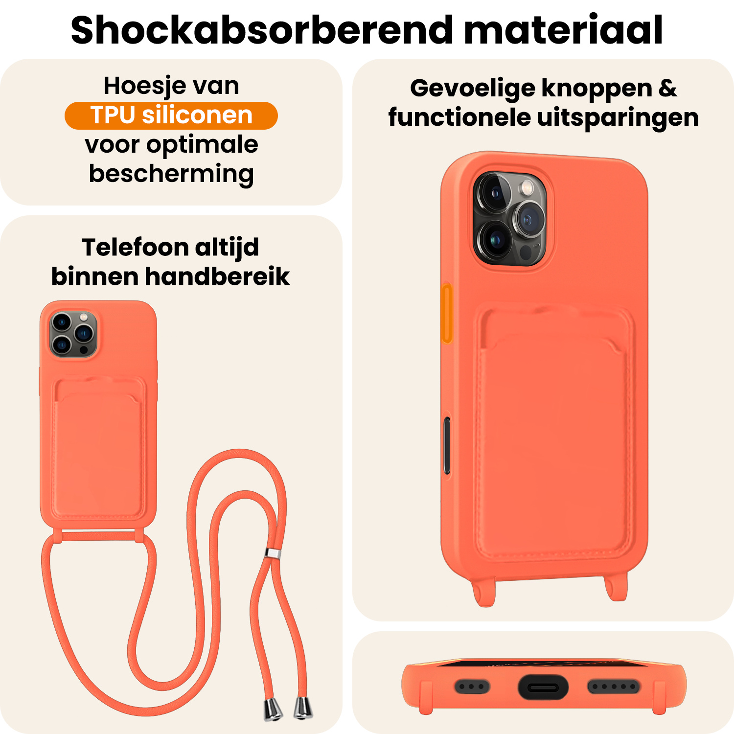 Nomfy Nomfy iPhone 16 Pro Hoesje Pashouder met Koord Met Screenprotector - Papaya