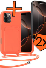Nomfy Nomfy iPhone 16 Pro Hoesje Pashouder met Koord Met 2x Screenprotector - Papaya