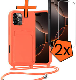 Nomfy Nomfy iPhone 16 Pro Hoesje Pashouder met Koord Met 2x Screenprotector - Papaya