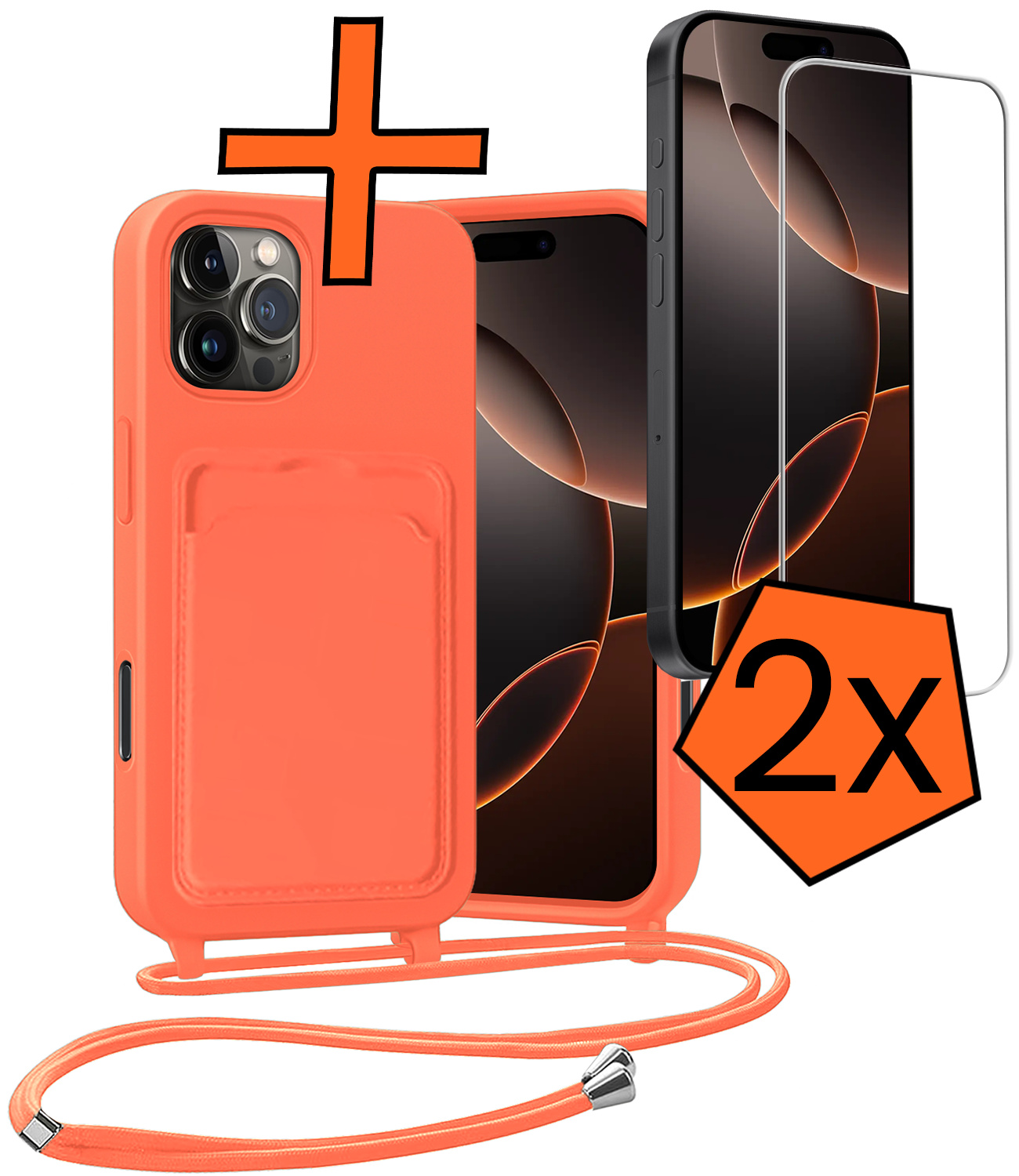 Nomfy Nomfy iPhone 16 Pro Hoesje Pashouder met Koord Met 2x Screenprotector - Papaya