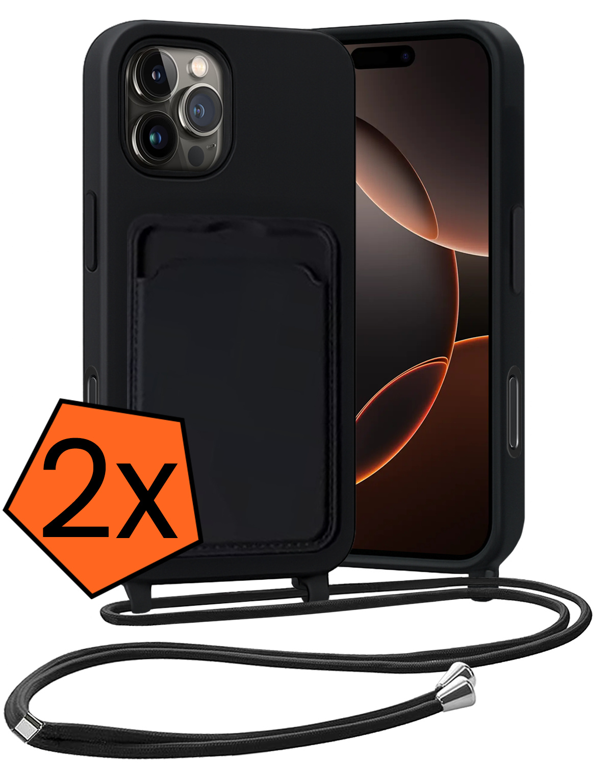Nomfy Nomfy iPhone 16 Pro Hoesje Pashouder met Koord - Zwart - 2 PACK