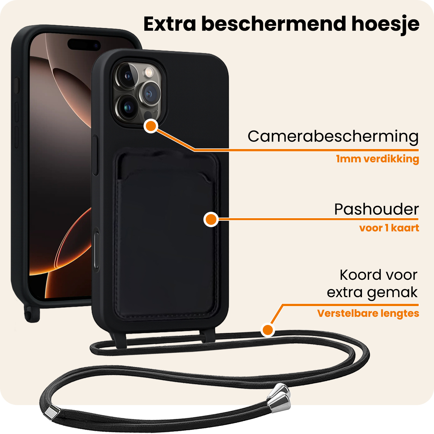 Nomfy Nomfy iPhone 16 Pro Hoesje Pashouder met Koord - Zwart - 2 PACK