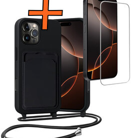 Nomfy Nomfy iPhone 16 Pro Hoesje Pashouder met Koord Met Screenprotector - Zwart