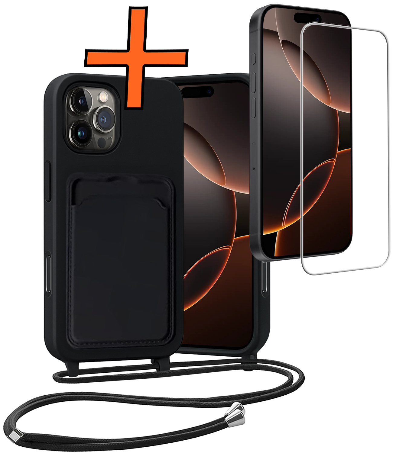 Nomfy Nomfy iPhone 16 Pro Hoesje Pashouder met Koord Met Screenprotector - Zwart