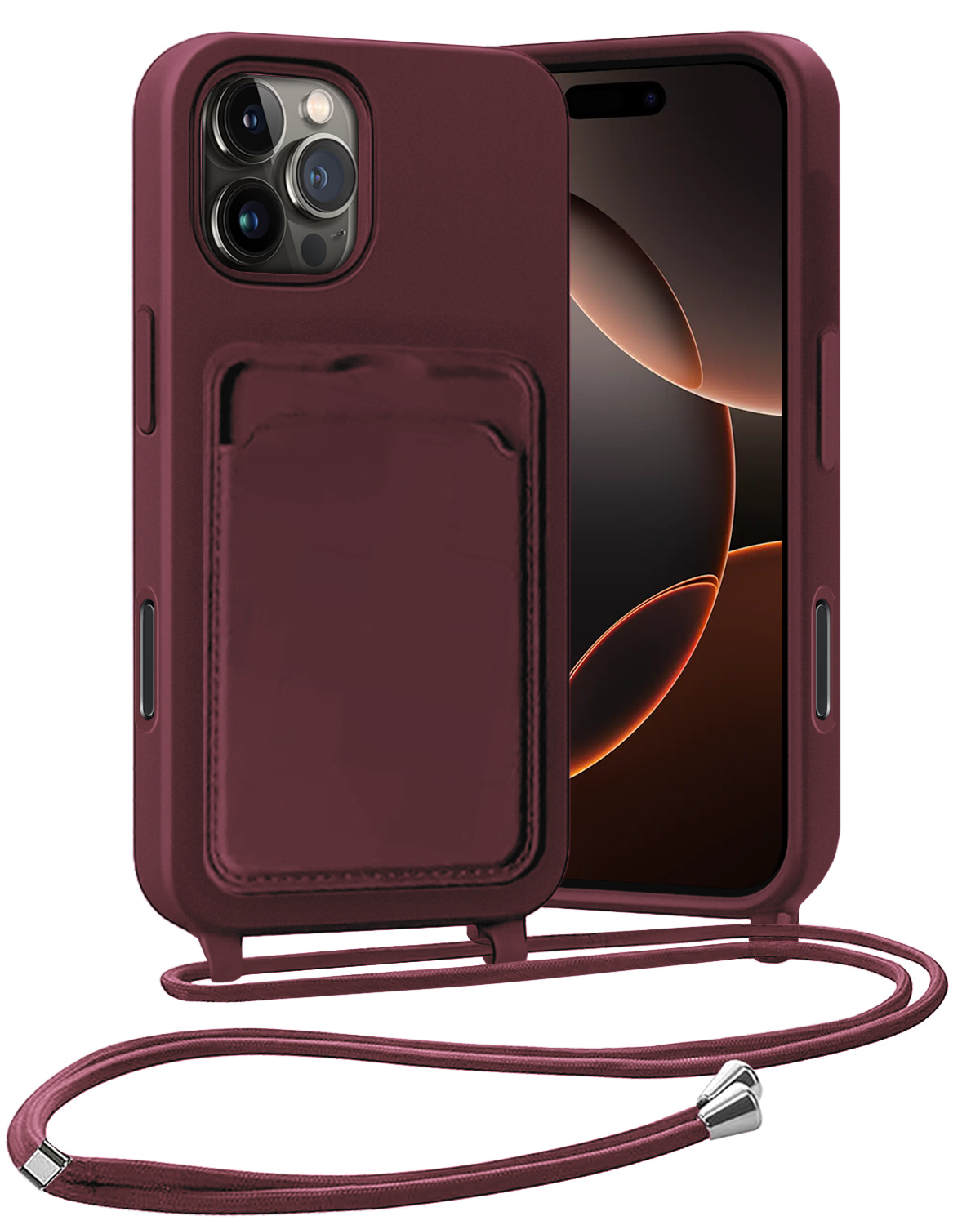 Nomfy Nomfy iPhone 16 Pro Max Hoesje Pashouder met Koord - Aubergine