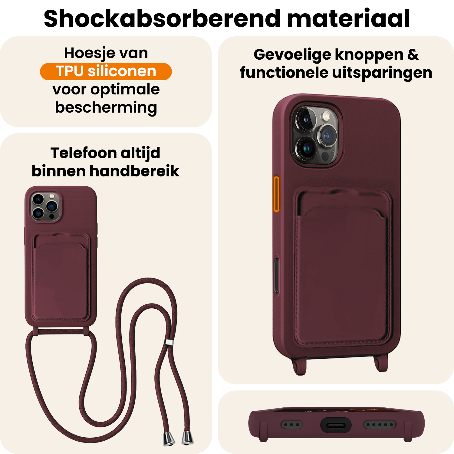 Nomfy Nomfy iPhone 16 Pro Max Hoesje Pashouder met Koord - Aubergine