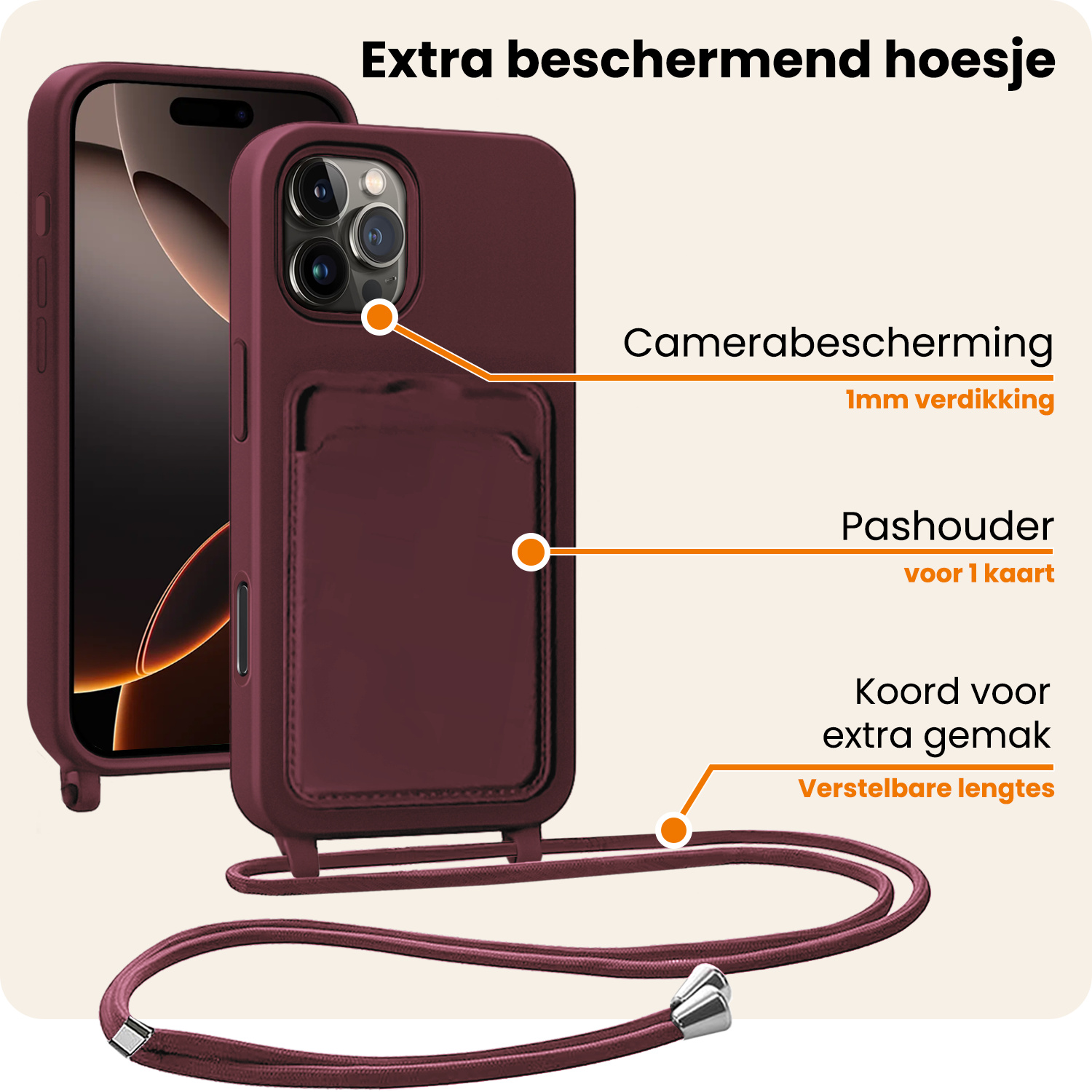 Nomfy Nomfy iPhone 16 Pro Max Hoesje Pashouder met Koord - Aubergine - 2 PACK
