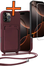 Nomfy Nomfy iPhone 16 Pro Max Hoesje Pashouder met Koord Met Screenprotector - Aubergine