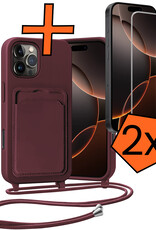 Nomfy Nomfy iPhone 16 Pro Max Hoesje Pashouder met Koord Met 2x Screenprotector - Aubergine