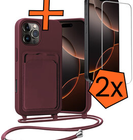 Nomfy Nomfy iPhone 16 Pro Max Hoesje Pashouder met Koord Met 2x Screenprotector - Aubergine