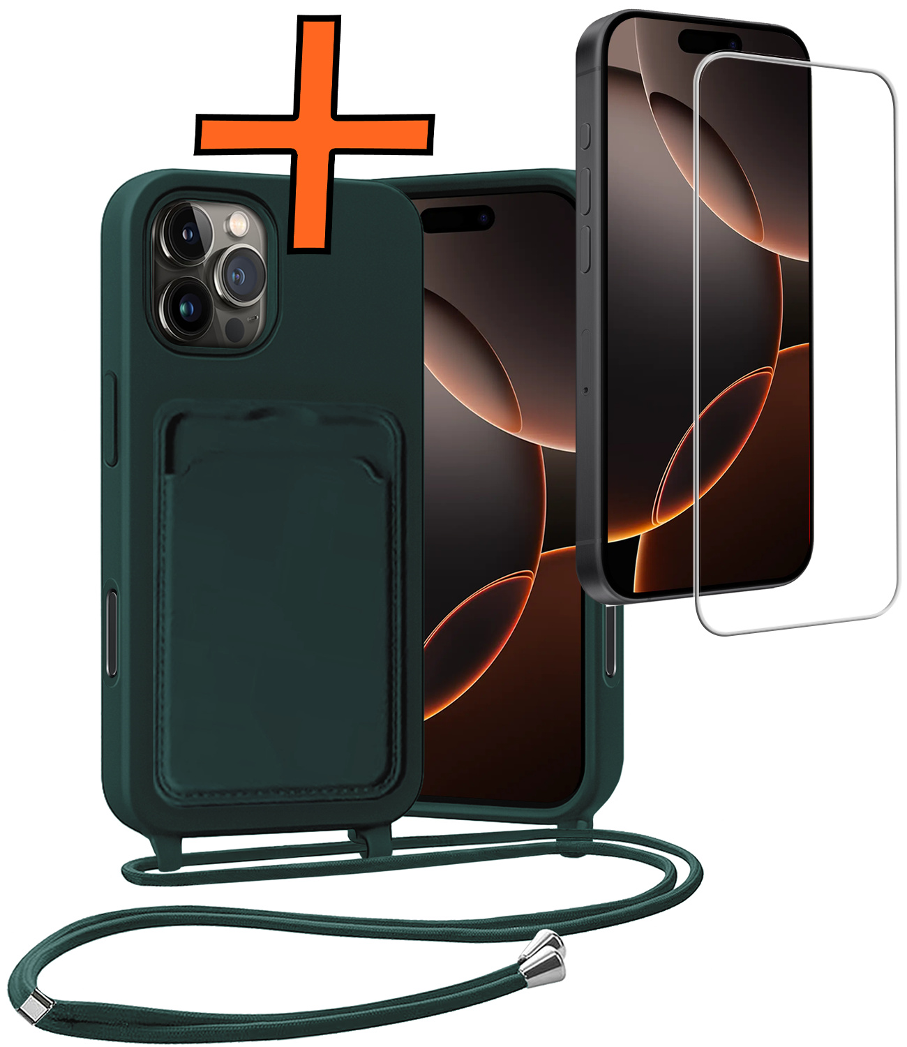 Nomfy Nomfy iPhone 16 Pro Max Hoesje Pashouder met Koord Met Screenprotector - Donkergroen