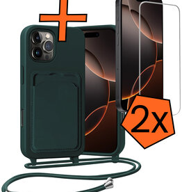 Nomfy Nomfy iPhone 16 Pro Max Hoesje Pashouder met Koord Met 2x Screenprotector - Donkergroen