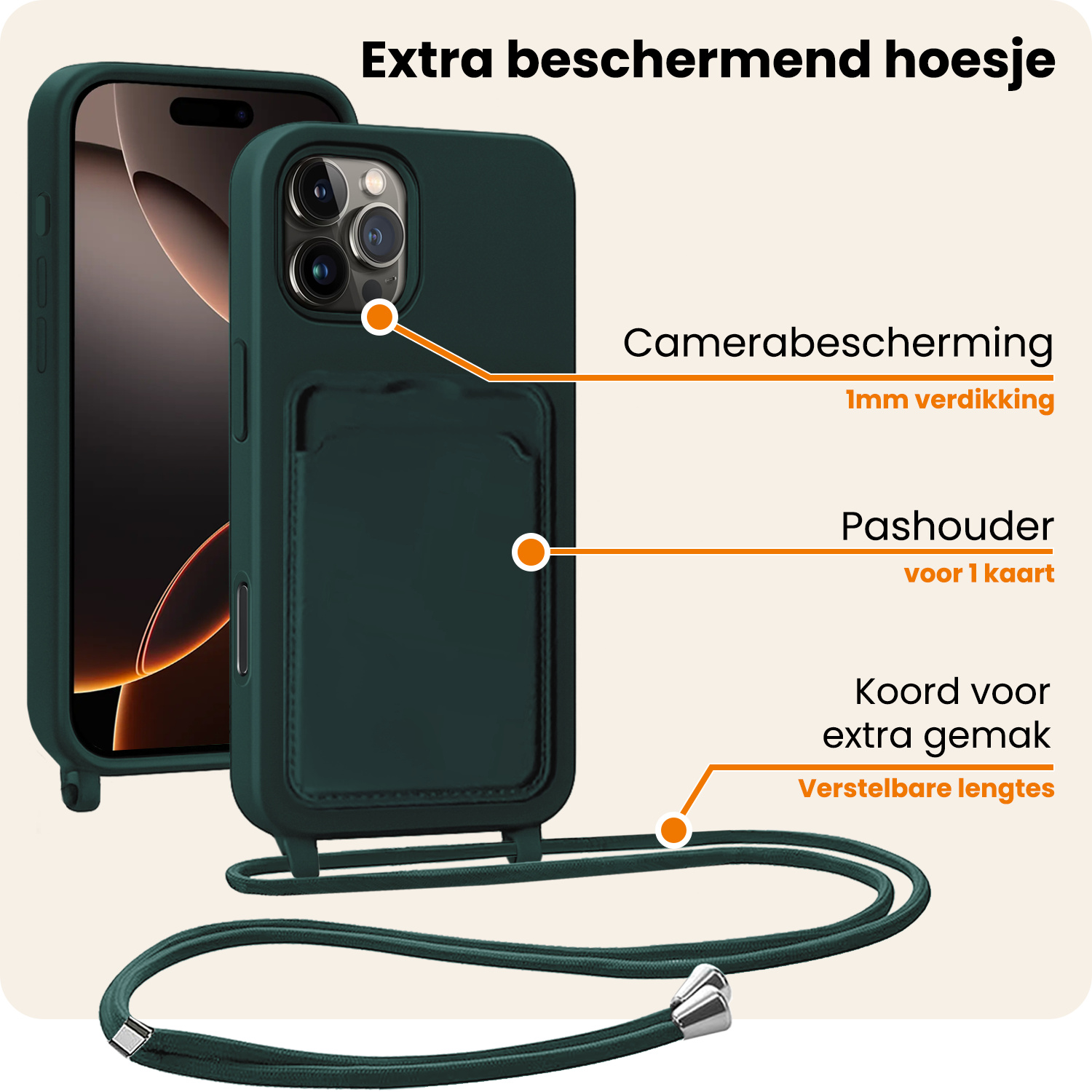 Nomfy Nomfy iPhone 16 Pro Max Hoesje Pashouder met Koord Met 2x Screenprotector - Donkergroen