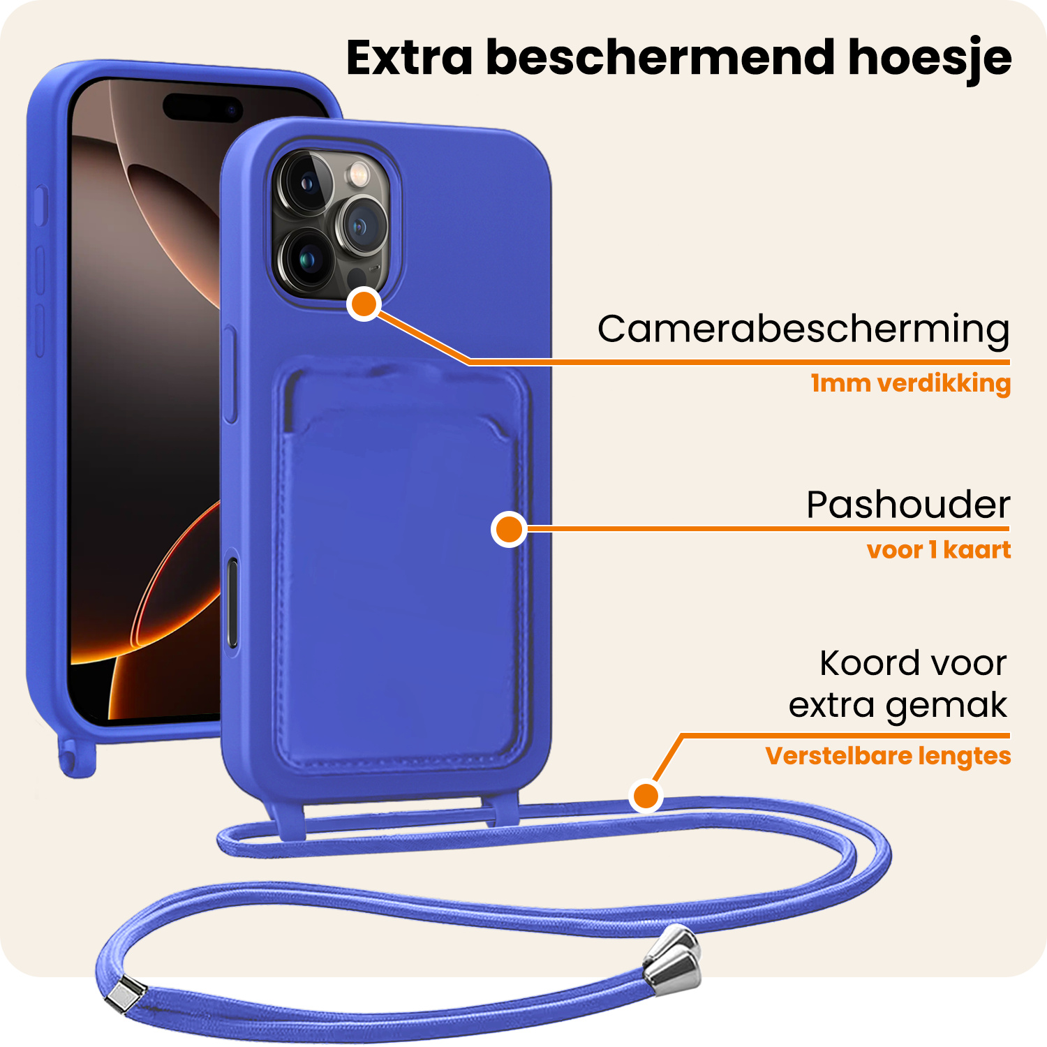Nomfy Nomfy iPhone 16 Pro Max Hoesje Pashouder met Koord Met Screenprotector - Fel Blauw
