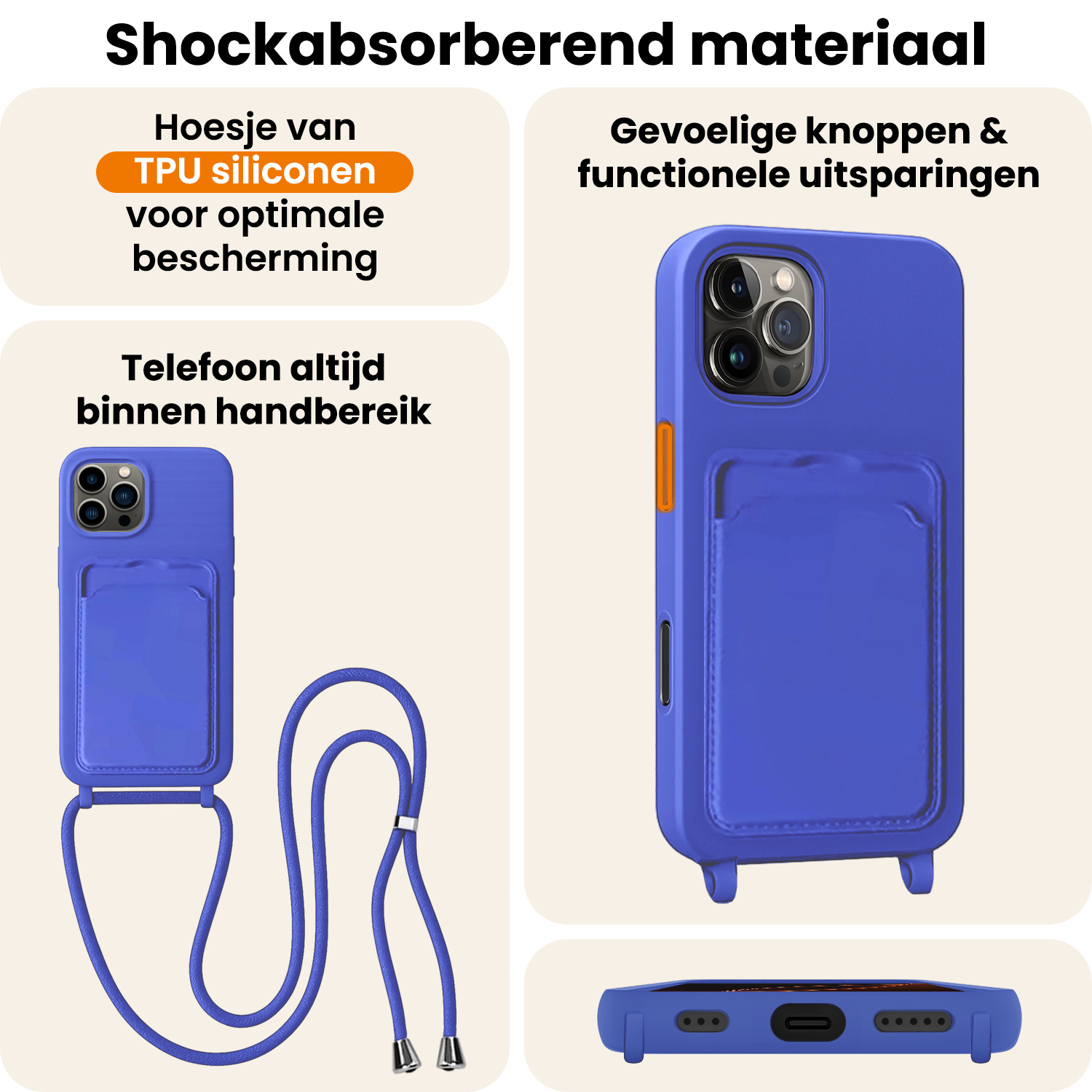 Nomfy Nomfy iPhone 16 Pro Max Hoesje Pashouder met Koord Met Screenprotector - Fel Blauw