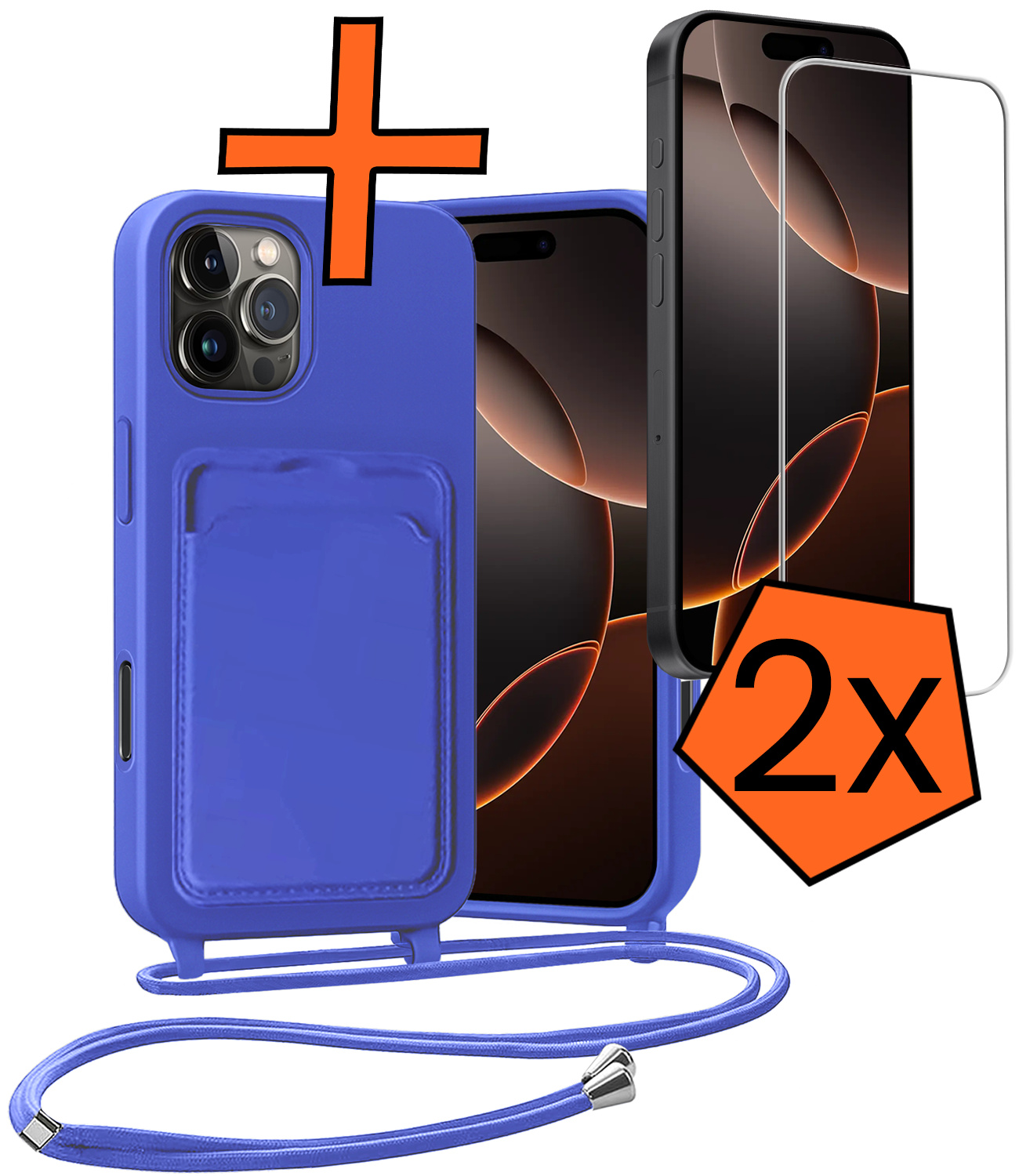 Nomfy Nomfy iPhone 16 Pro Max Hoesje Pashouder met Koord Met 2x Screenprotector - Fel Blauw
