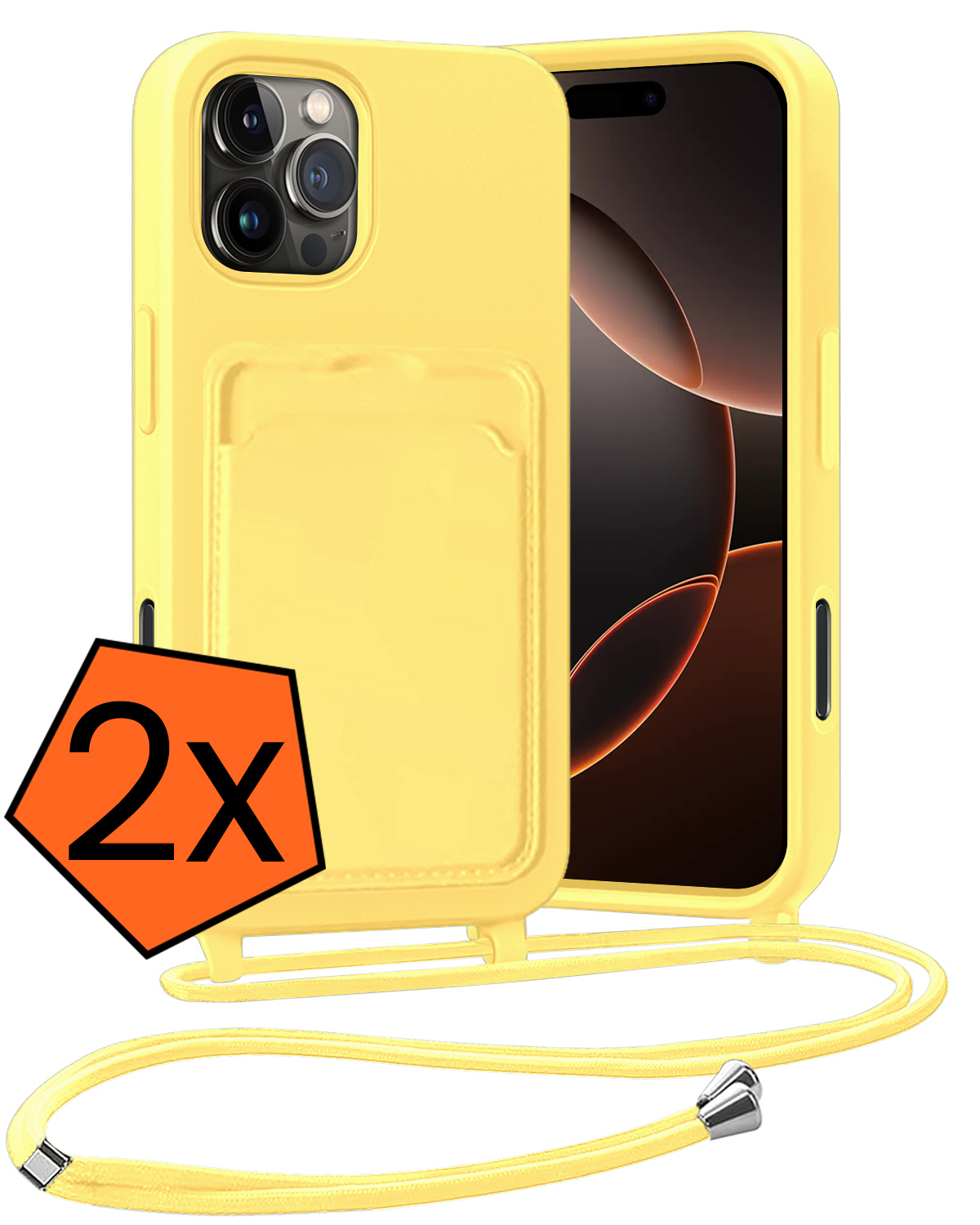 Nomfy Nomfy iPhone 16 Pro Max Hoesje Pashouder met Koord - Geel - 2 PACK