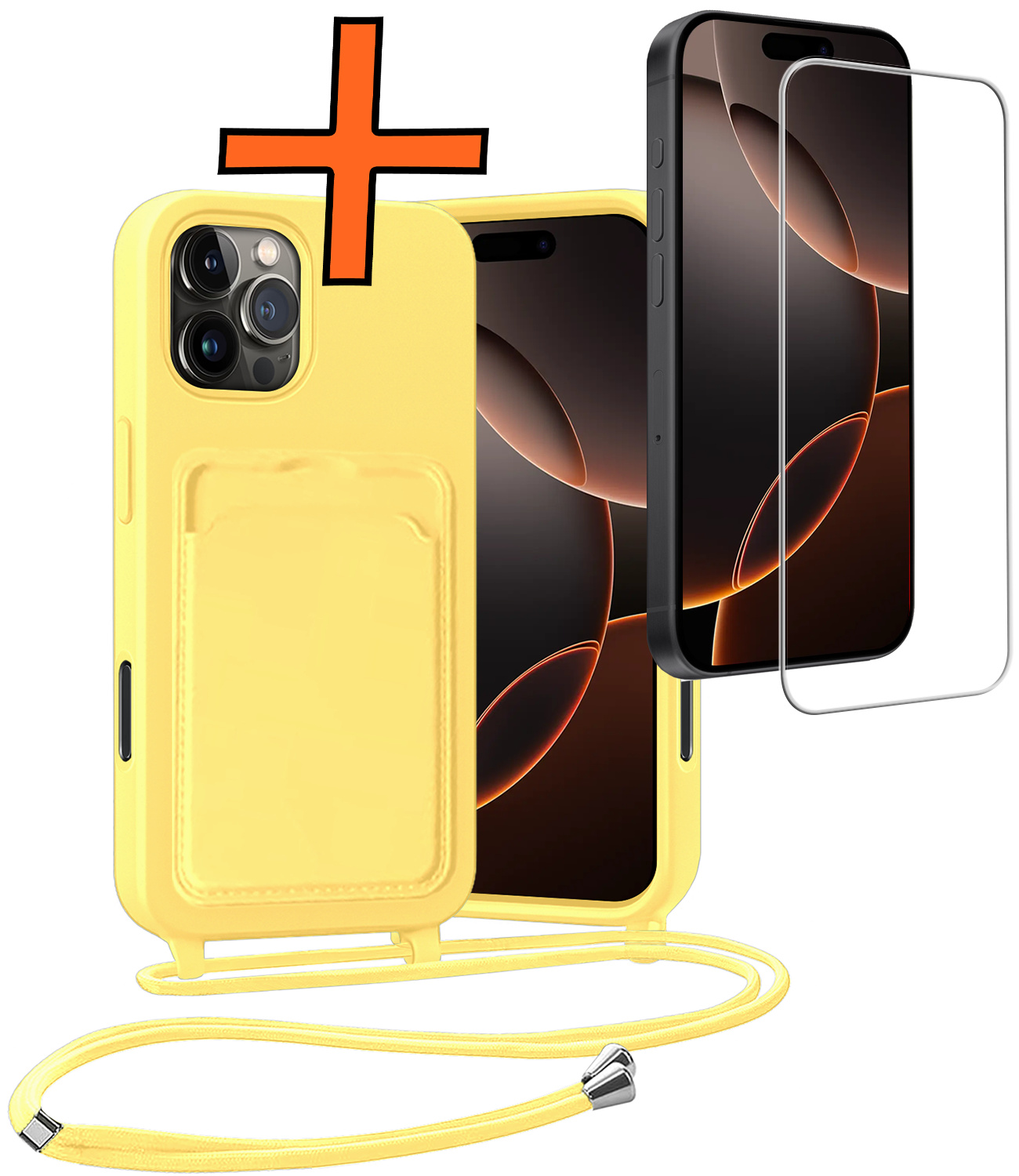 Nomfy Nomfy iPhone 16 Pro Max Hoesje Pashouder met Koord Met Screenprotector - Geel