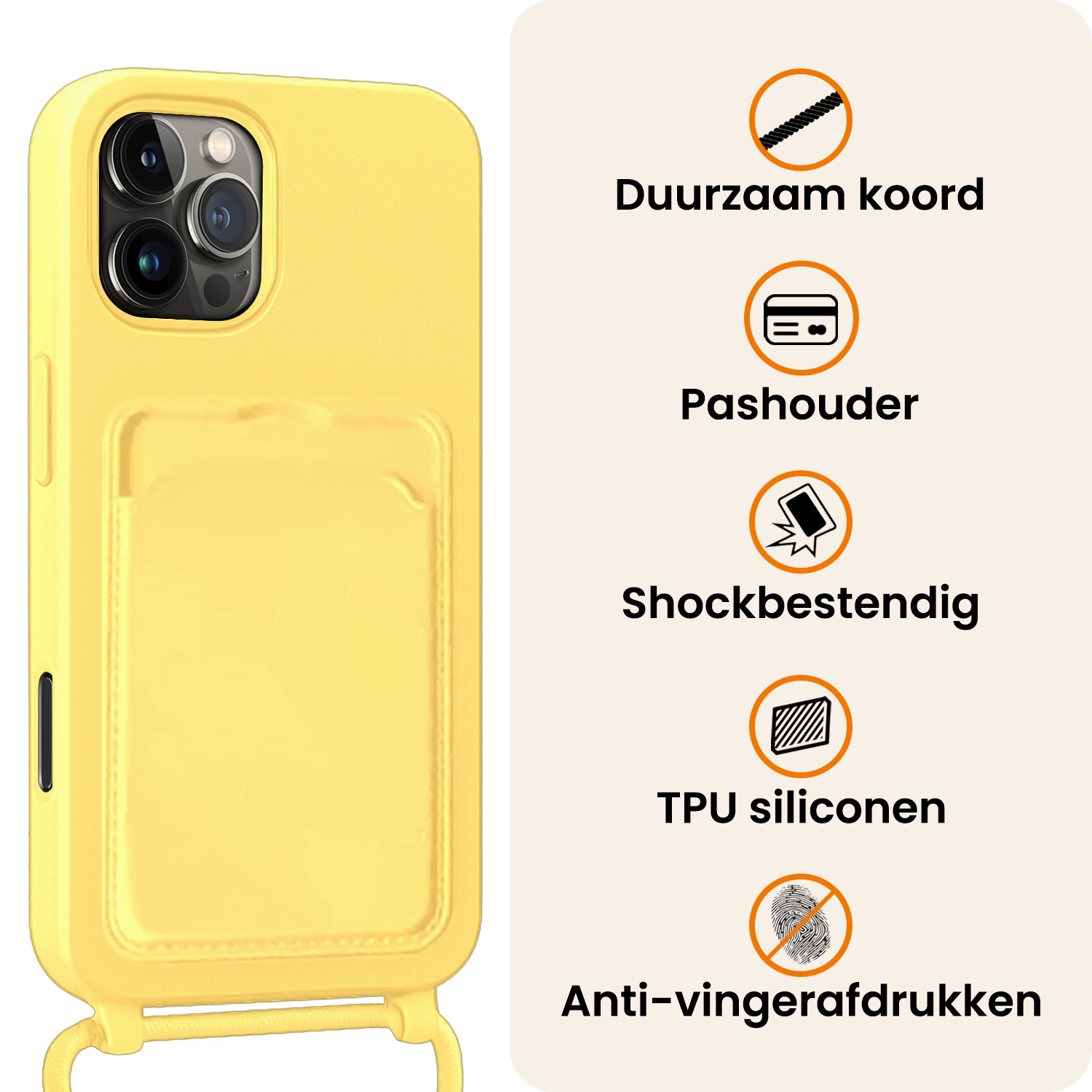 Nomfy Nomfy iPhone 16 Pro Max Hoesje Pashouder met Koord Met Screenprotector - Geel