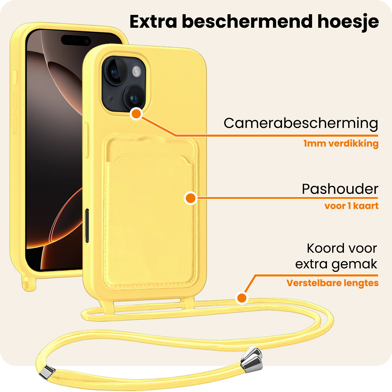 Nomfy Nomfy iPhone 16 Pro Max Hoesje Pashouder met Koord Met Screenprotector - Geel