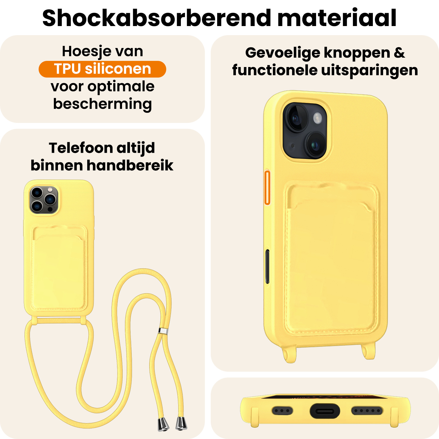 Nomfy Nomfy iPhone 16 Pro Max Hoesje Pashouder met Koord Met Screenprotector - Geel