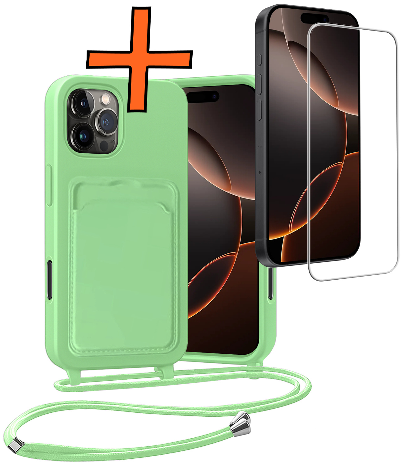 Nomfy Nomfy iPhone 16 Pro Max Hoesje Pashouder met Koord Met Screenprotector - Groen