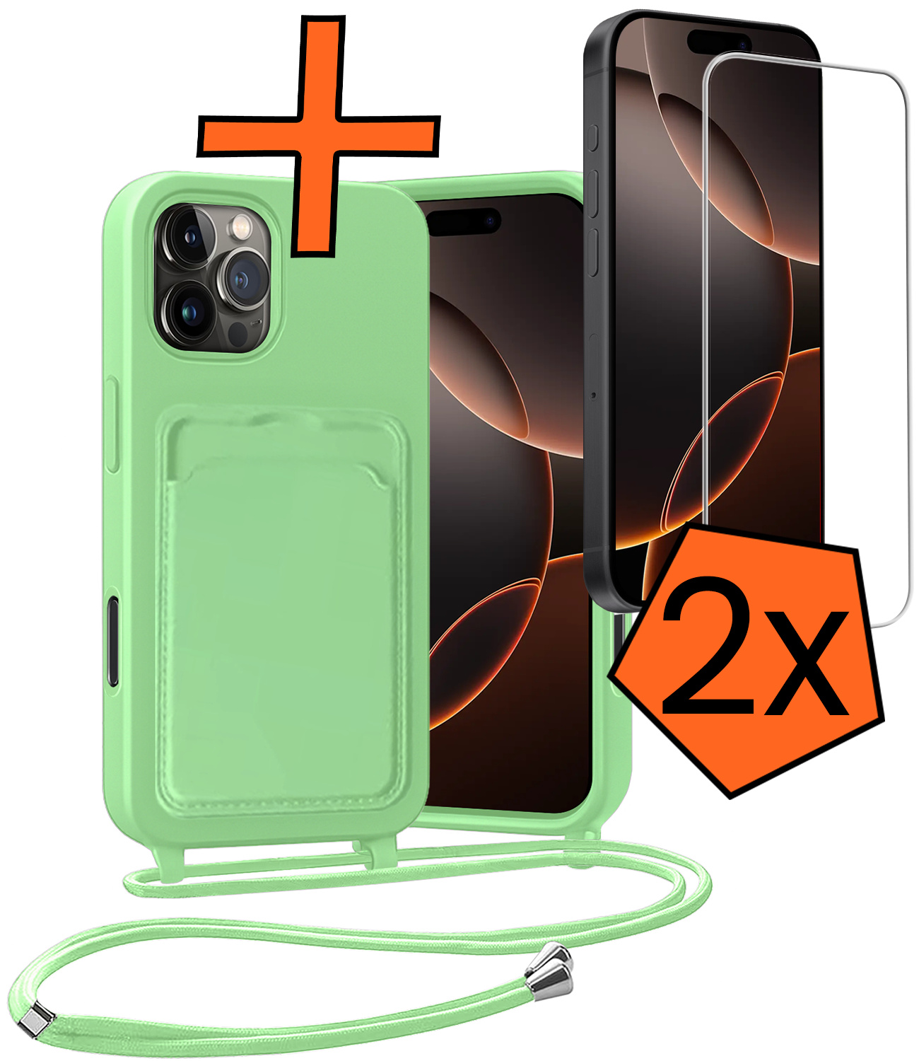 Nomfy Nomfy iPhone 16 Pro Max Hoesje Pashouder met Koord Met 2x Screenprotector - Groen