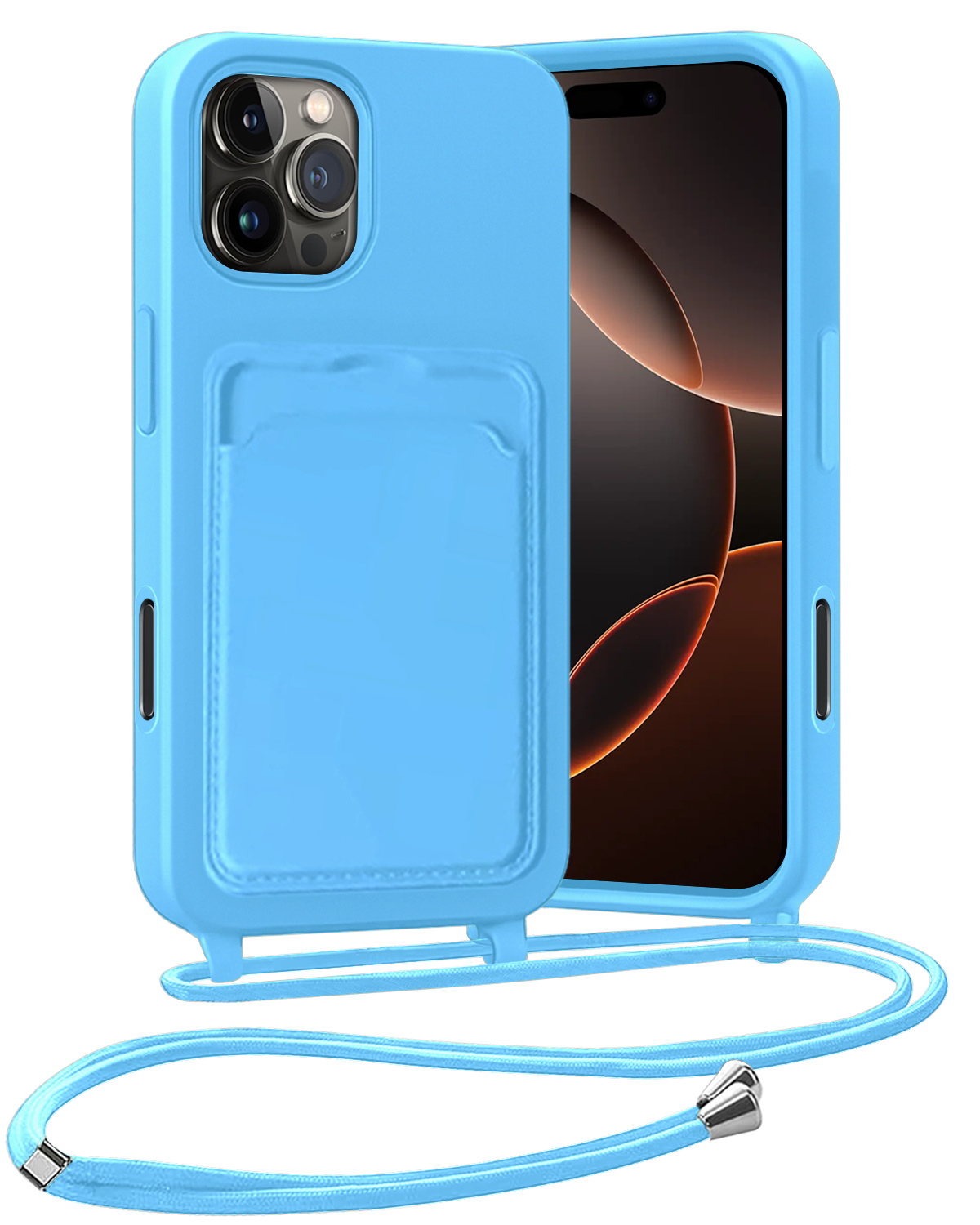 Nomfy Nomfy iPhone 16 Pro Max Hoesje Pashouder met Koord - Lichtblauw