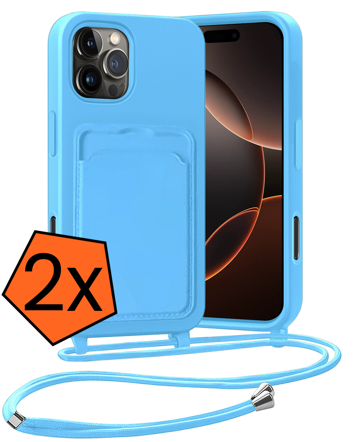 Nomfy Nomfy iPhone 16 Pro Max Hoesje Pashouder met Koord - Lichtblauw - 2 PACK