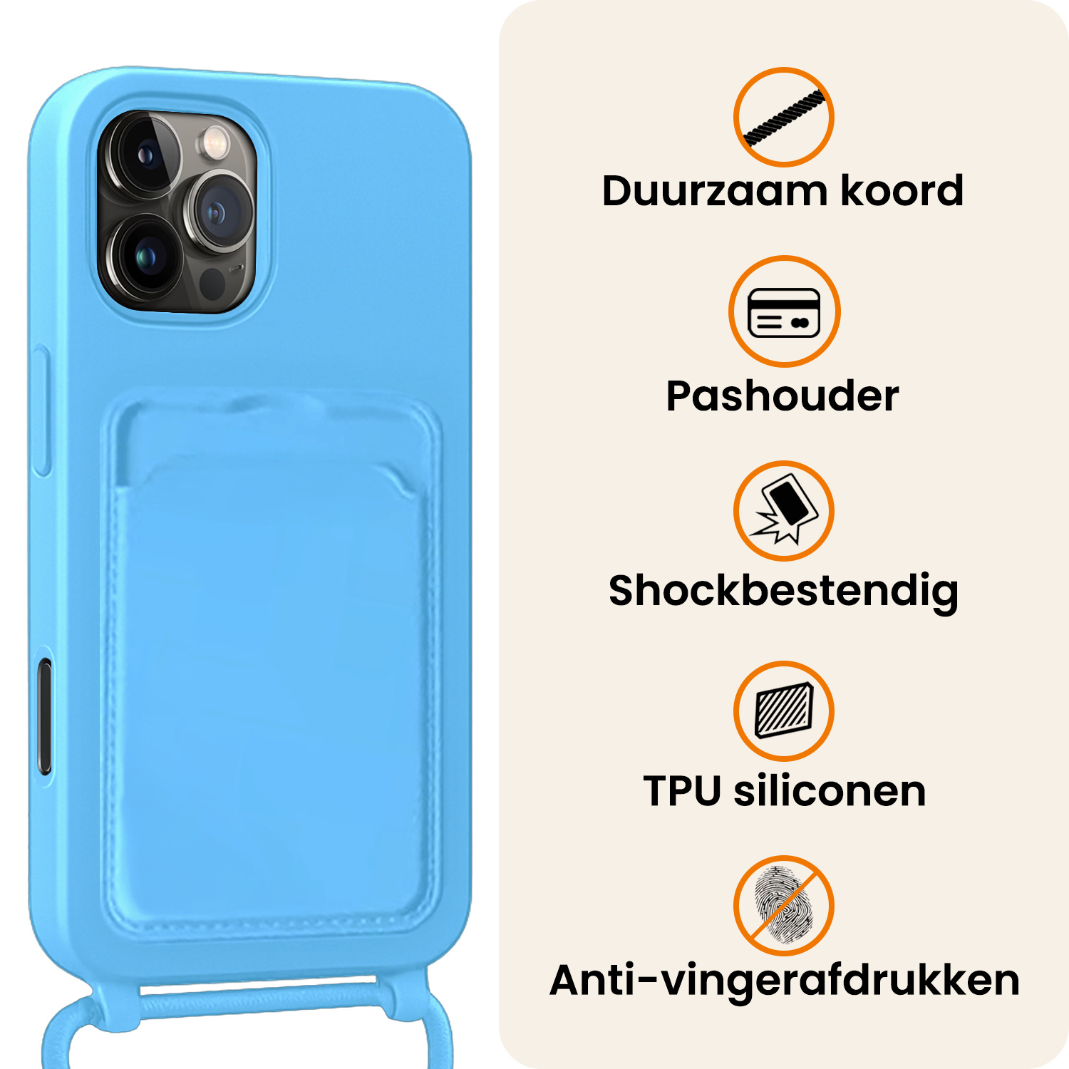 Nomfy Nomfy iPhone 16 Pro Max Hoesje Pashouder met Koord - Lichtblauw - 2 PACK
