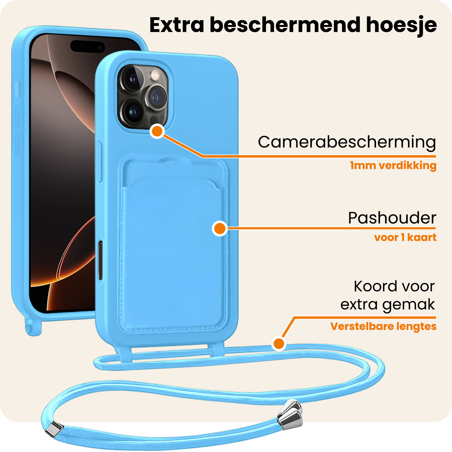 Nomfy Nomfy iPhone 16 Pro Max Hoesje Pashouder met Koord - Lichtblauw - 2 PACK